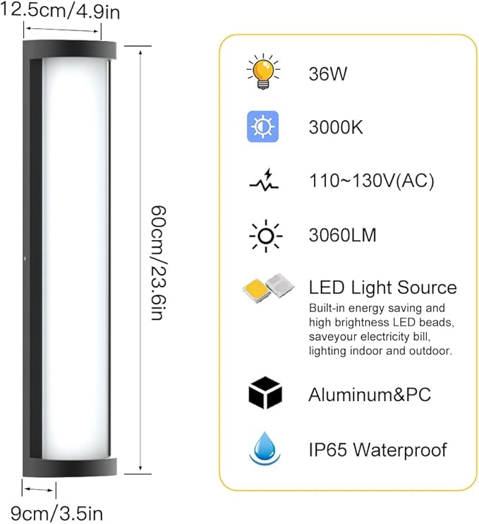 Sytmhoe 10%-100% Dimming Exterior Wall Lights,23.6in Dimmable LED Modern Patio Wall Light Fixture, Black Aluminum&Dual PC Wall Sconce Suitable for Garage Bathroom Room Courtyard House(3000K)