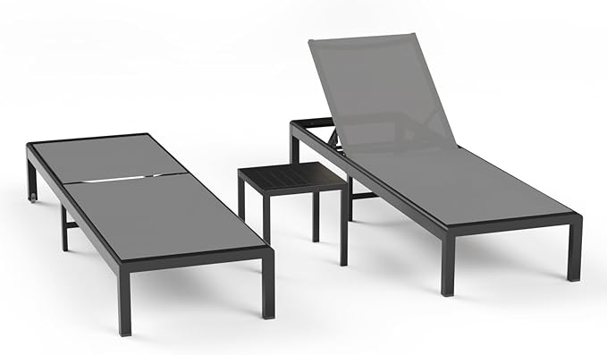 Aluminum Lounge Chairs Outdoor Chaise Furniture,2 Sets Patio Metal Deck Lounger Adjustable 5-Position Poolside Chase Recliner with Wheels for Beach,Coffee Table, (Gray, 2 Chairs + Table)