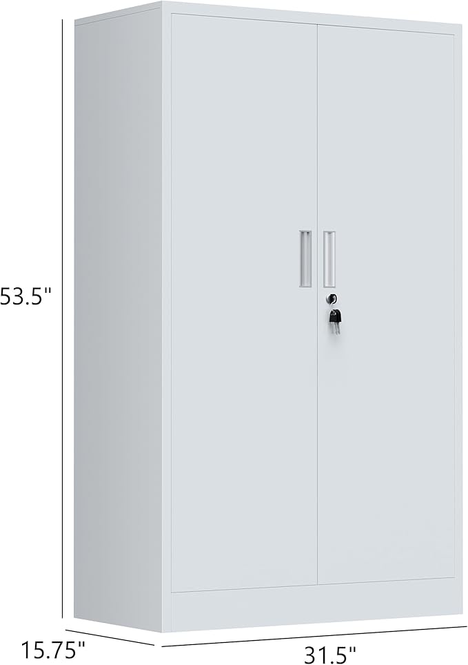 Metal Storage Cabinet with Locking Doors and Adjustable Shelves, 53.5-Inch Tall Lockable Storage Cabinets for Home Office Garage Kitchen Pantry (White)