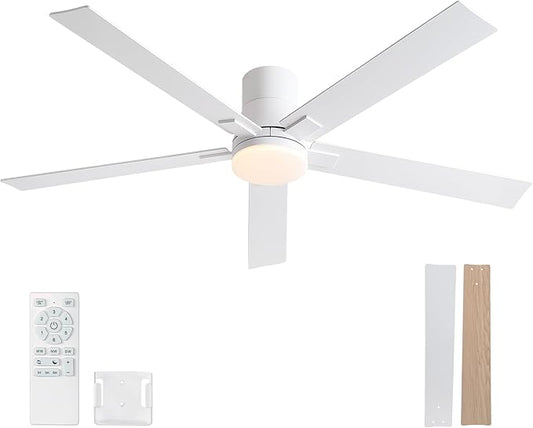 Rayqueen 60 Inch Ceiling Fans with Lights and Remote,Flush Mount White Ceiling Fan, 6 Speed Reversible DC Motor, 3CCT Dimmable LED-Low Profile Design for Bedroom, Living room & Covered Outdoor