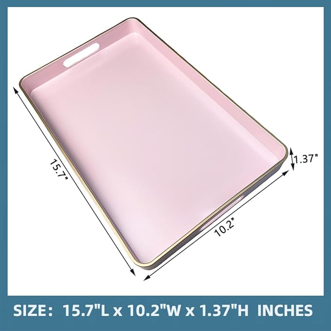 Pink Coffee Table Tray, Decorative Serving Tray with Handles, Plastic Rectangular Tray for Ottoman, Bathroom, Living Room. 15.7"*10.2"