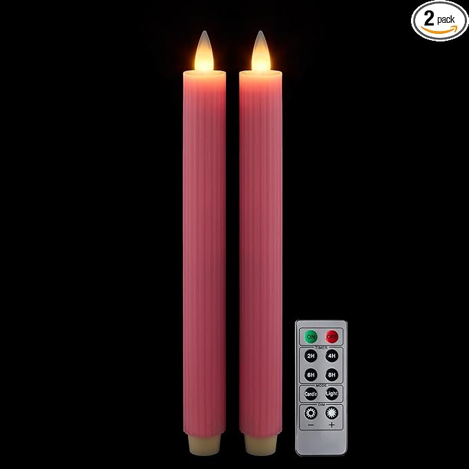 Flameless Taper Candles Flickering with Remote and Timer, 3D Moving Flame Taper Candle Battery Operated to 400 Hours, 9 Inch Window Candles, (Pink-Vertical Stripes)