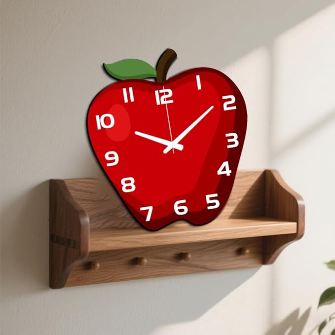 CHGCRAFT Apple Pattern Wall Clock 14.7 Inch Wood Grain Non-Ticking Irregular Shape Clocks Wall Hanging Clock Battery Operated for Bedroom Living Room Kitchen Office