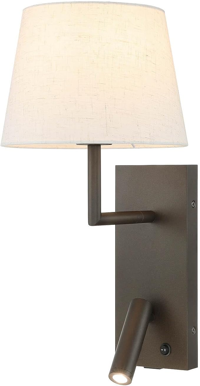XiNBEi Lighting Hardwired Wall Sconce with LED Reading Lamp, Bedroom Wall Lamp with USB Port & Switch Rotatable Wall Light with Linen Fabric Shade for Bedside Living Room, Dark Bronze XB-W462-LED-DB