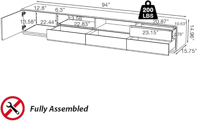 Modern 94" Solid Wood TV Stand, Lowline Media Console with 4 Drawers, Open Storage Cabinet, Walnut Veneer, Fully-Assembled (TV Stand Only)