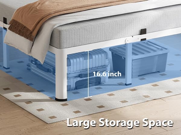 18 Inch Queen Size White Bed Frame, 3500Lbs Heavy Duty Metal Platform with Round Corner Legs Mattress Slide Stopper, Steel Slat Support No Box Spring Needed, Noise Free, Easy Assembly