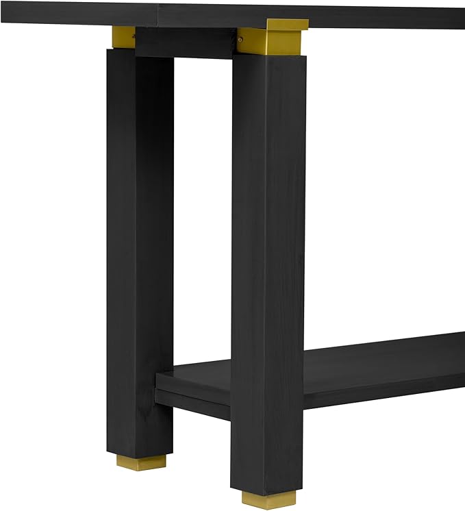 63" Modern Minimalist Console Table with Storage Shelf, Solid Wood Industrial Entryway Sofa Table with Metal Accents for Living Room, Hallway (Black)