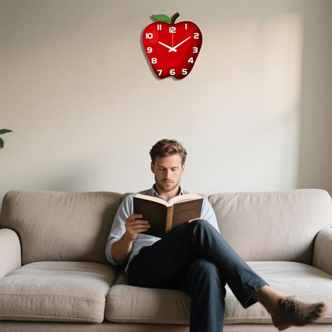 CHGCRAFT Apple Pattern Wall Clock 14.7 Inch Wood Grain Non-Ticking Irregular Shape Clocks Wall Hanging Clock Battery Operated for Bedroom Living Room Kitchen Office