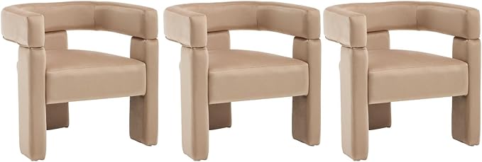 Khaki Dining Chairs Set of 3, Upholstered Velvet Barrel Chairs with Arms Comfy Side Chairs for Living Room/Dining Room/Reception
