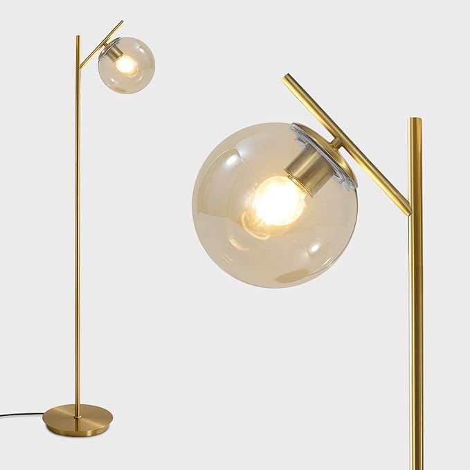 Mid Century Modern Floor Lamp for Living Room Retro Vintage Brass Standing Light Industrial Cognac Glass Globe Floor Freestanding Lamp for Office Hotel Bedroom