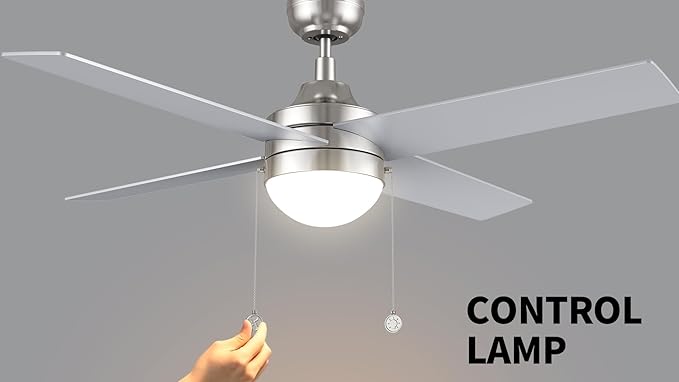 CEME 52" Ceiling Fan with Light Low Profile, DC 5 Speeds Silent Ceiling Fan with Remote, 5 Dual Finish Blades, 3 Light Colors Dimmable LED for Bedroom Room,Silver