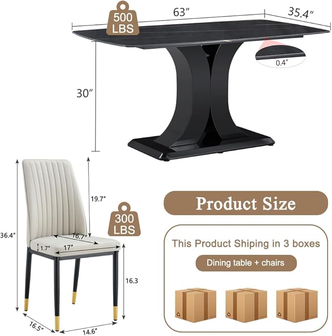 Modern Marble Dining Table Set for 4 - Rectangular Kitchen Table With PU Leather Upholstered Chairs for Dining Room (Light Grey-C, Black)