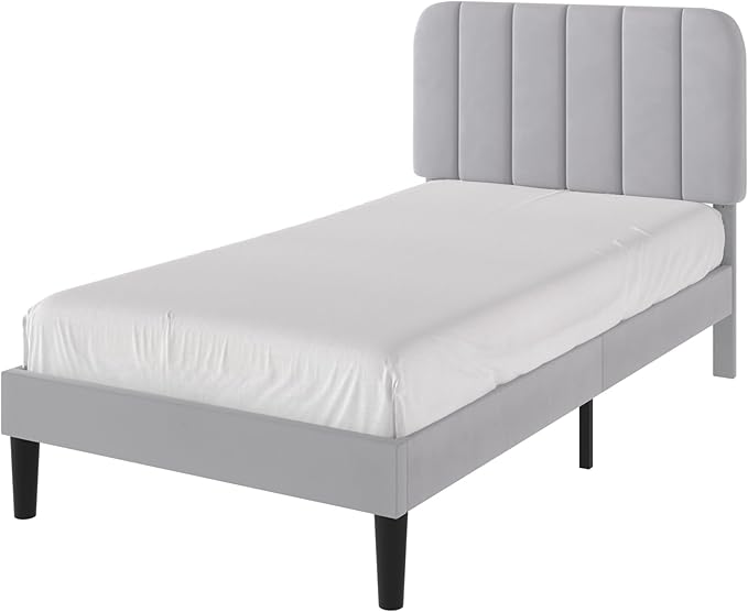 VECELO Twin Size Bed Frame with Upholstered Headboard, Velvet Platform Bedframe Mattress Foundation, Strong Wood Slat Support, No Box Spring Needed,Light Grey