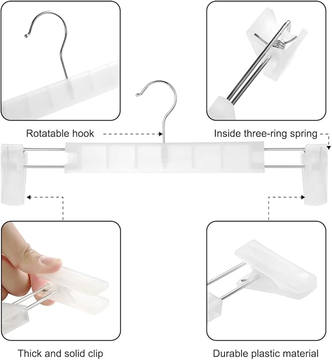 Clothes Pants Hangers, Space-Saving Skirt Holders with 360 ° Swivel Hooks, Adjustable Clips, Trouser Hangers, Clothes Coat Garment Jeans Hangers (20 Pack, Transparent)