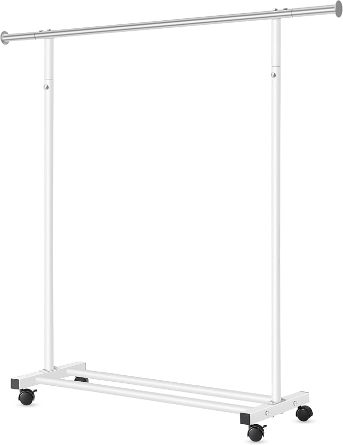 Clothes Rack, 130LB Capacity Heavy Duty Clothing Rack with Wheels and Bottom Shelf, 52.17 Inch Rolling Racks for Hanging Clothes, Coats, Shirts, Sweaters, Skirts, Dress, White