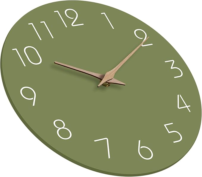 Mosewa Modern Wall Clock Silent Non Ticking 12 Inch Olive Green Battery Operated Simple Minimalist for Living Room Office Bedrooms Kitchen Home Decor