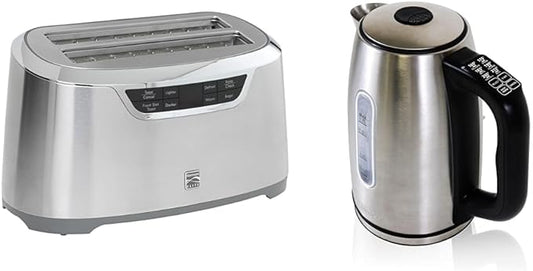 Kenmore Elite 4-Slice Long Slot Toaster Silver+Kenmore 1.7L Cordless Electric Kettle w/ 6 Temperature Pre-Sets, Stainless Steel