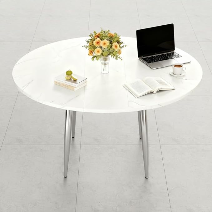 FURNITO 42"-54" Extendable Round Dining Table for 4–6, White Faux Marble & Wood Grain Top with Silver Metal Legs, Contemporary Oval Kitchen Table, Space-Saving Dining Room Table, Easy Assembly