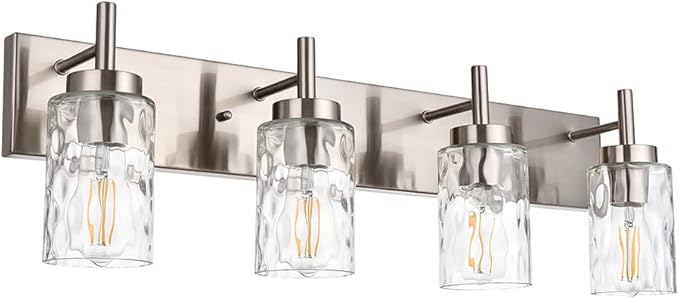 BONLICHT Bathroom Vanity Light Fixtures Brushed Nickel 4-Light with Clear Water Glass Shade Contemporary Wall Sconces Farmhouse Bathroom Lighting Wall Mount Lamp for Living Room Bedroom Bar Office