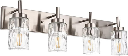 BONLICHT Bathroom Vanity Light Fixtures Brushed Nickel 4-Light with Clear Water Glass Shade Contemporary Wall Sconces Farmhouse Bathroom Lighting Wall Mount Lamp for Living Room Bedroom Bar Office