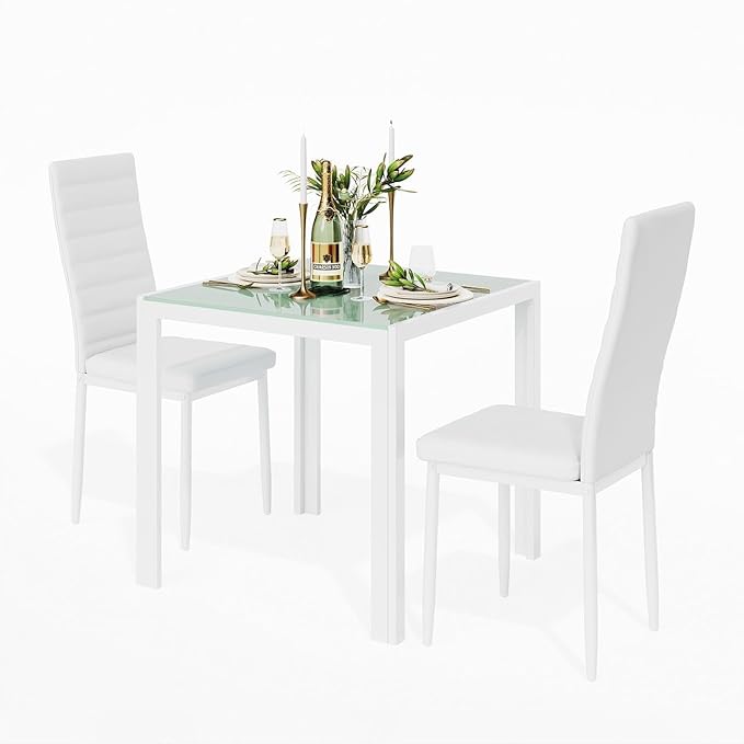 Gizoon 3 Piece Glass Dining Table Set, Kitchen and Chairs for 2, PU Leather Modern Room Sets for Home, Kitchen, Living Room