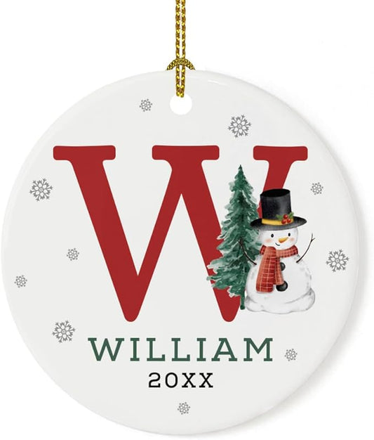 Andaz Press Personalized Christmas Ornament, Custom Name, Initial W Monogram Snowman 2.8" Ceramic Porcelain 2025 Christmas Ornament Keepsake for Kids, Boys, Girls, Initial Ornaments, 1-Pack