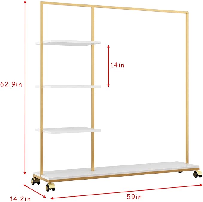 Metal Gold Clothing Rack for Boutique Use, Heavy Duty Garment Rack with Shelves for Retail Display (59L inches)
