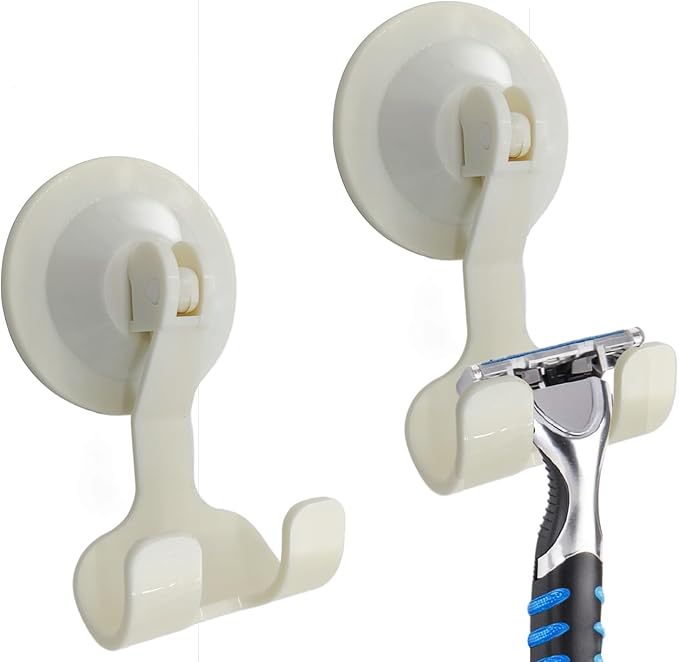 2-Pack Razor Holder for Shower with Suction Cup - Vacuum Wreath Hanger for Door, Wall, or Window, No Drill Adhesive Hook for Bathroom, Kitchen, Hotel, Cream