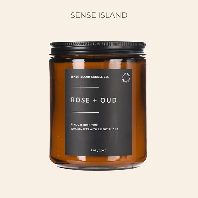 SENSE ISLAND Rose Oud Scented Candles for Men&Women | Natural Soy Candle 50 Hrs Burn Time Highly Scented Candles for Home Scented