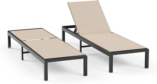Aluminum Lounge Chairs Outdoor Chaise Furniture,2 Sets Patio Metal Deck Lounger Adjustable 5-Position Poolside Chase Recliner with Wheels for Beach,Coffee Table, (Khaki, 2 Chairs)
