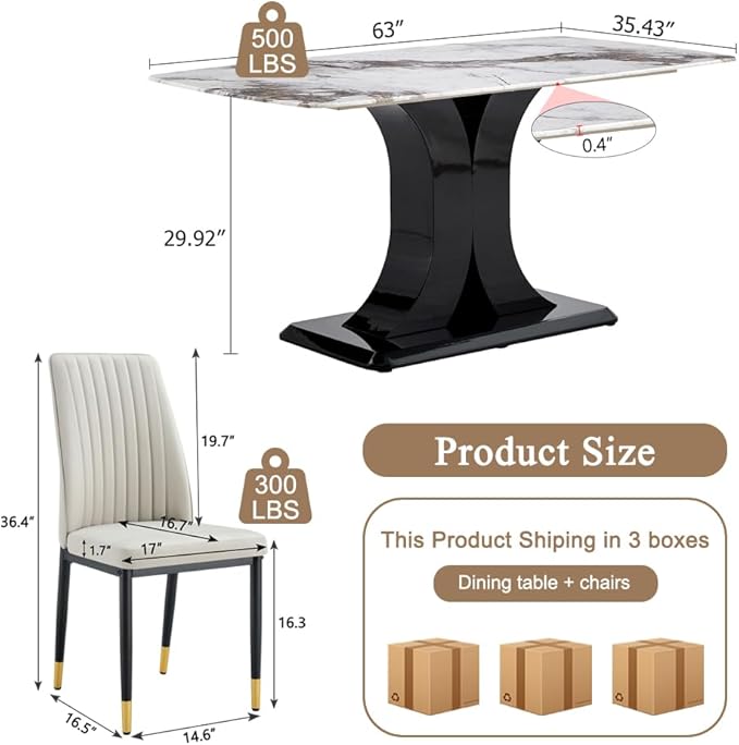 Modern Dining Table Set for 6, Marble Kitchen Table Chair Set for 6, Rectangular Kitchen Table with 6 Pu Leather Upholstered Chair for Dining Room (White with 6 Light Grey Chairs)