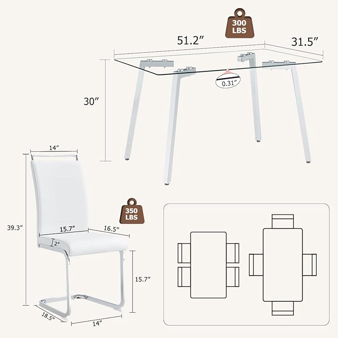 51“ Small Glass Dining Table Set for 4,0.31”Thick Tempered Glass Table Top with 4 Chrome Plate Metal Legs,4 PU Leather Dining Chairs,Modern Kitchen Dinner Room Table Set,for Kitchen Room