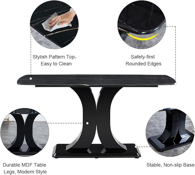 Modern Dining Table & Matching 4 Chairs, Rectangular - Black Marble Top with Leather Upholstery, Perfect for Dining Room (Set of 1 Table + 4 Chairs)