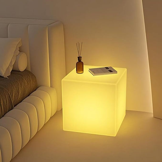 Mr.Go 15-Inch LED Cube Chair, 16 Dimmable RGB Colors Cube Seat w/Remote, Rechargeable Glowing Side Table, Waterproof Outdoor Floor Lamp for Patio, Pool, Home, Garden, Bar, Stage, Party Decor Lighting