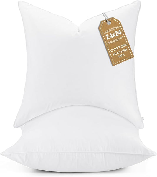 BHZ Euro Throw Pillow Inserts, 24x24 Down Feather Alternative Pillow Inserts Set of 2, Decorative Soft Large Square White Throw Pillows Insert for Couch Bed Dorm Sofa with Cotton Cover