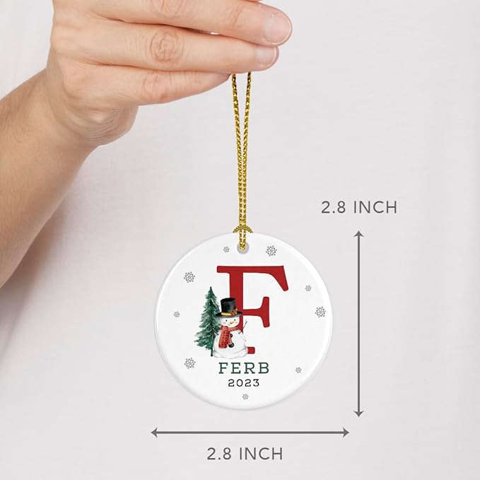 Andaz Press Personalized Ornament, Custom Name, Initial F Monogram Snowman 2.8" Ceramic Porcelain 2025 Christmas Ornament Keepsake for Kids, Boys, Girls, Includes Gold Ribbon & Gift Box, 1-Pack