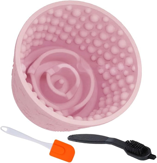 Dog Lick Bowl with Brush and Scraper, Anxiety Relief Silicone Slow Feeder Treat Dispenser, Anti-chocking Pet Dish, Non-Slip Interactive Entertainment Dog Puzzle Toy for Medium & Large-Pink
