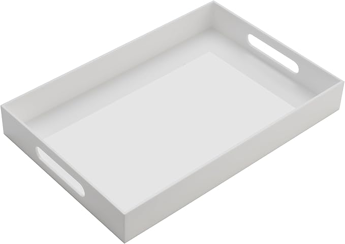 Glossy White Acrylic Serving Tray with Handles-Butler Trays for Coffee Table, Snacks,Breakfast in Bed, Kitchen Countertop,Vanity,Makeup Organizer,Ottoman (White, 10x15 Inches)
