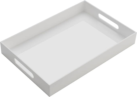 Glossy White Acrylic Serving Tray with Handles-Butler Trays for Coffee Table, Snacks,Breakfast in Bed, Kitchen Countertop,Vanity,Makeup Organizer,Ottoman (White, 10x15 Inches)