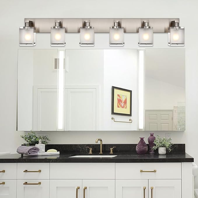 6-Lights Bathroom Vantiy Light Over Mirror, Modern Black Vanity Lighting Fixtures with Rectangular Frosted Glass Shades for Bath Kitchen Wall Mounted, E26 Bulb Base