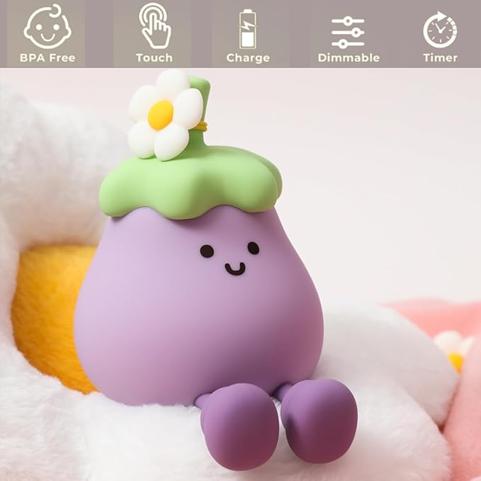 Eggplant Night Light for Adults Kids,Cute Silicone Dimmable Sleeping Decoration Nursery Nightlight,Rechargeable Bedside Touch Table Lamp for Christmas Gifts Kawaii Room Decor
