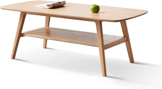 Wood Coffee Table - 100% Solid Oak Wood- 2-Tier Coffee Table with Storage for Living Room, Eco-Friendly Finish, Easy Assembly (Natural, 47.24" D x 22.04" W x 17.32" H)