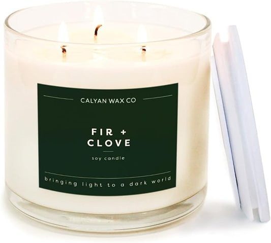 Calyan Wax Co. Fir & Clove 3 Wick Scented Candle - 43 Hour Burn - Luxury 3 Wick Soy Candles - Non Toxic Soy Wax Candles - Long Lasting Large Glass Jar Candle for Home - 14.9oz