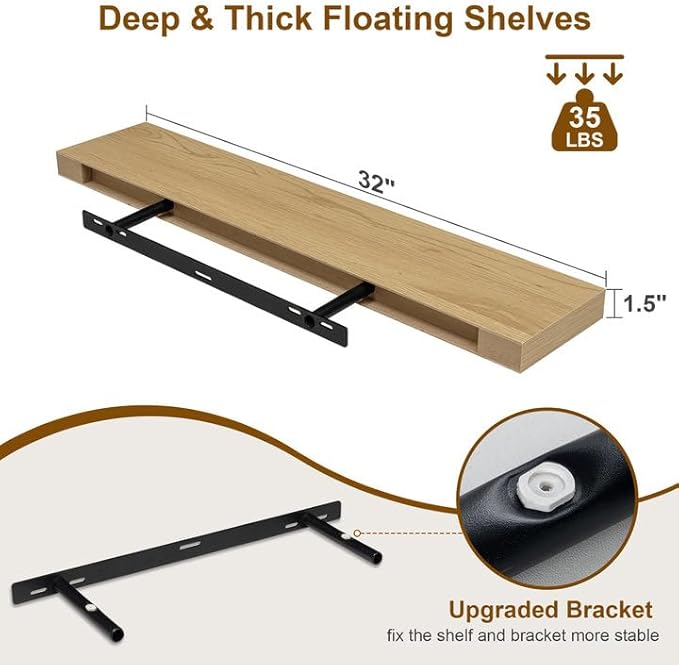 Fun Memories Floating Shelves for Wall, 32Inch Floating Shelves Set of 2, Hanging Shelf with Invisible Brackets, Wood Shelves for Living Room, Bedroom, Kitchen, Oak