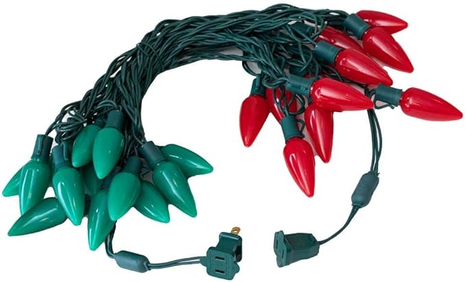 Novelty Lights 25 Feet 25 Light C9 Ceramic Style LED String Lights, Red/Green, Pre-Lamped Christmas Lights on Green Wire, UL Listed Indoor/Outdoor, Connectable End-to-End