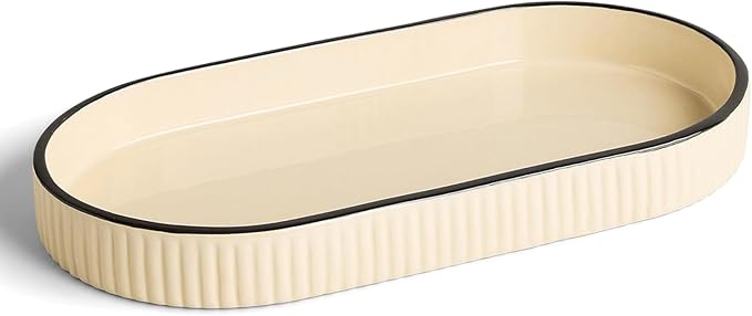 Preston Lane Signature Kitchen Ceramic Tray – Handmade in Portugal with Fluted Edges & Hand-Painted Trim – Decorative Organizer or Home Accent, Large, Alabaster