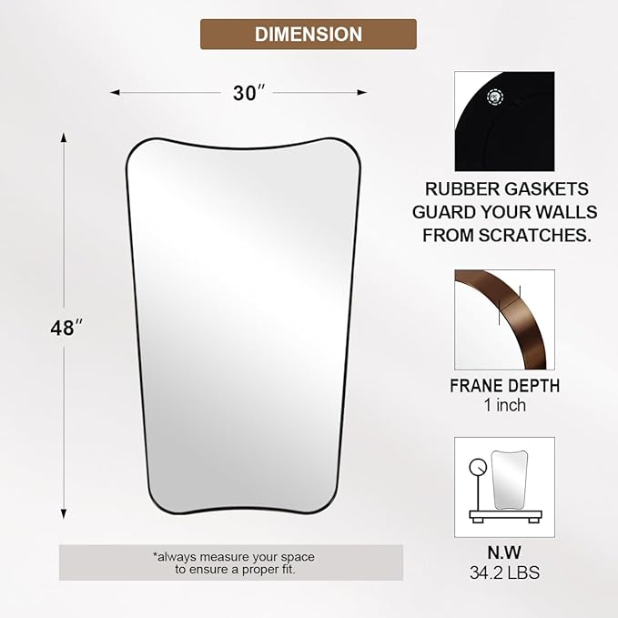 ANDY STAR 30"x48" Large Bathroom Mirror, Brushed Bronze Mirror for Over Sink, Irregular Shaped Mirror in Premium SUS304 Thin Frame, Italian Curved Frame, Ideal for Bathroom, Powder Room, Entryway