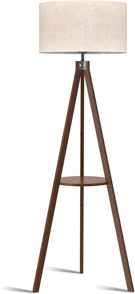 LEPOWER Mid Century Wood Standing Lamp, Modern Design Shelf Floor Lamp for Living Room, Bedroom, Office, Flaxen Shade with E26 Base, Perfect for Reading or Ambient Lighting Dark Brown