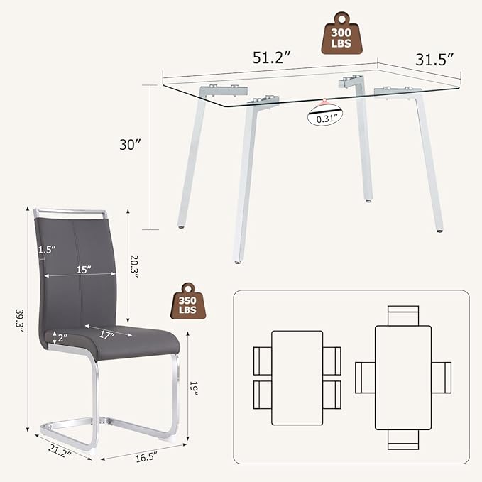 Glass Dining Table Set for 4,Rectangle Dinner Table with 4 Grey Leather Kitchen Chairs,51 in Kitchen Room Dining Set,0.31” Tempered Glass Table Top with Silver Metal Legs,4 Dining Chairs Set