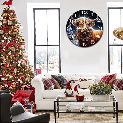 Cow with Christmas Wall Clock Large Silent Non-Ticking Battery Operated Modern Clocks for Living Room Decor/Bedroom/Office (12x12 in)